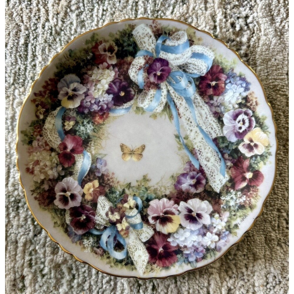 Circle of Joy Porcelain Decorative Plate Floral Butterfly Blue Bow by Lena Liu